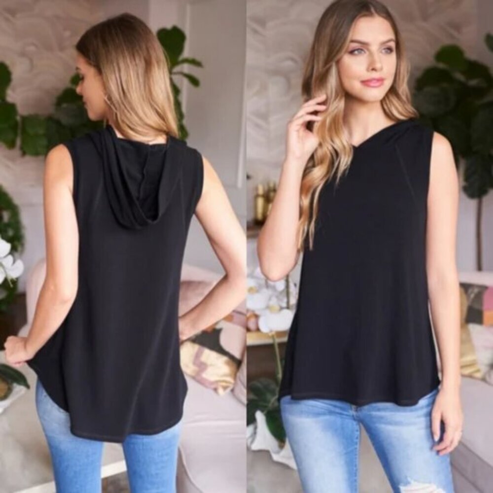 Sleeveless Black Hoodie Tank L